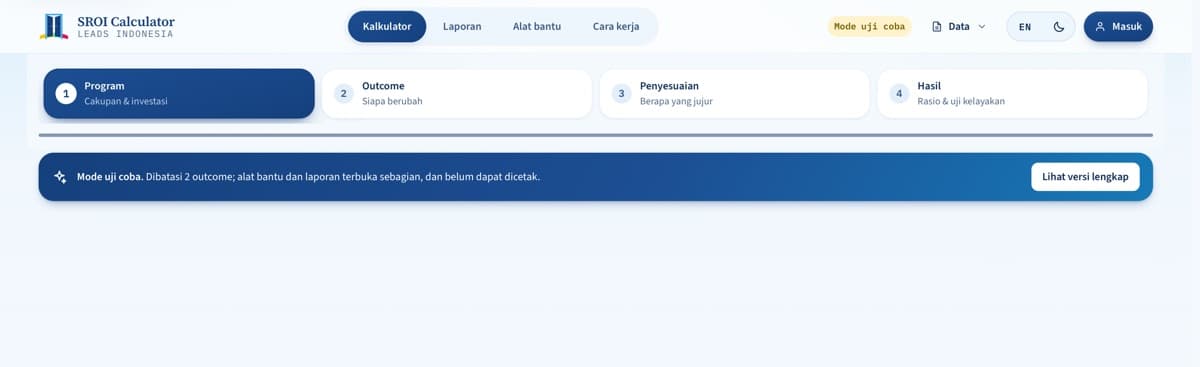 Tangkapan layar SROI Calculator: empat langkah menuju rasio